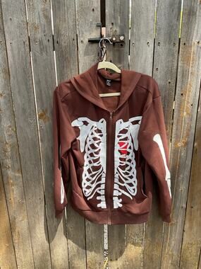 Romwe Brown Front Zipper Skeleton Hoodie  Sz Sm
